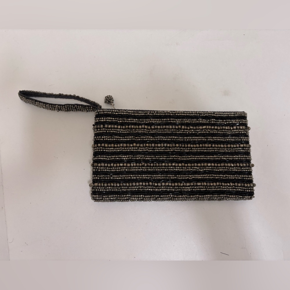 Black silver Beaded mini clutch small purse‎ wristlet striped evening retro - Picture 2 of 6